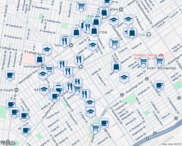 map of restaurants, bars, coffee shops, grocery stores, and more near 2072 East Rush Street in Philadelphia