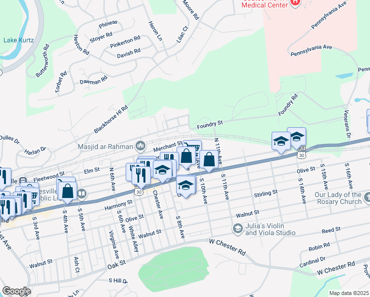 map of restaurants, bars, coffee shops, grocery stores, and more near 903 Lumber Street in Coatesville