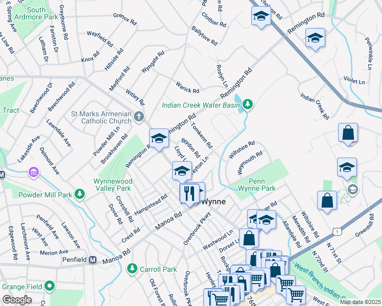 map of restaurants, bars, coffee shops, grocery stores, and more near 230 Brydon Road in Penn Wynne