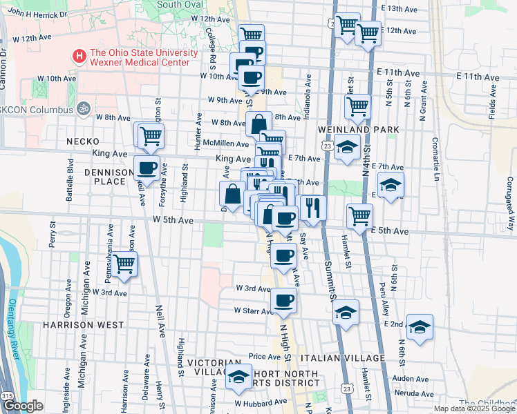 map of restaurants, bars, coffee shops, grocery stores, and more near 1276 North High Street in Columbus