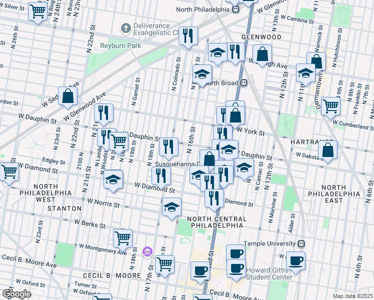 map of restaurants, bars, coffee shops, grocery stores, and more near 2252 North 16th Street in Philadelphia