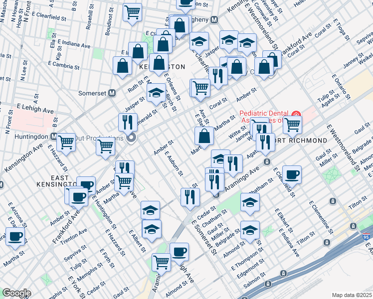 map of restaurants, bars, coffee shops, grocery stores, and more near 2147 East Cambria Street in Philadelphia