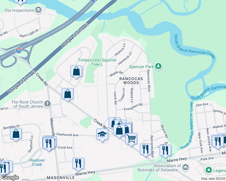 map of restaurants, bars, coffee shops, grocery stores, and more near 339 Larch Road in Mount Laurel Township