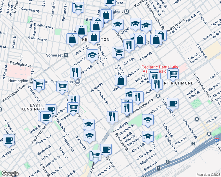 map of restaurants, bars, coffee shops, grocery stores, and more near 2147 East Cambria Street in Philadelphia