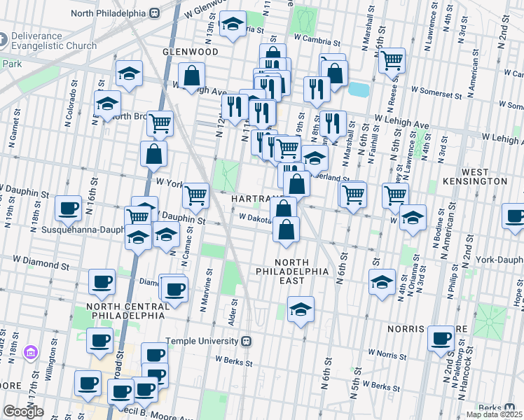 map of restaurants, bars, coffee shops, grocery stores, and more near 2335 North 10th Street in Philadelphia