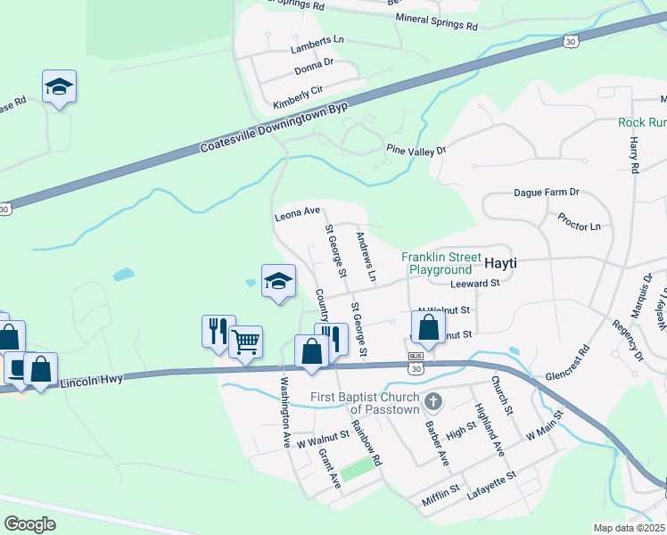 map of restaurants, bars, coffee shops, grocery stores, and more near 160 Saint George Street in Coatesville