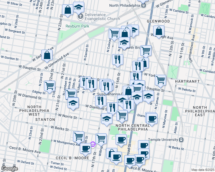 map of restaurants, bars, coffee shops, grocery stores, and more near 2243 North 17th Street in Philadelphia