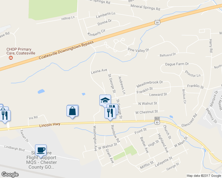 map of restaurants, bars, coffee shops, grocery stores, and more near 160 Saint George Street in Coatesville