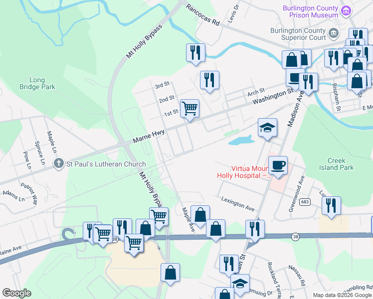 map of restaurants, bars, coffee shops, grocery stores, and more near 7 Middlesex Avenue in Hainesport
