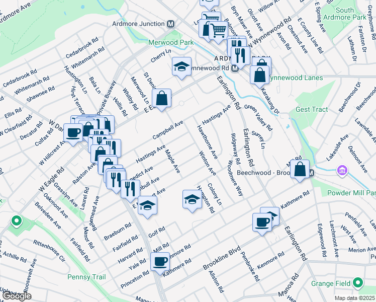 map of restaurants, bars, coffee shops, grocery stores, and more near 233 East Benedict Avenue in Havertown