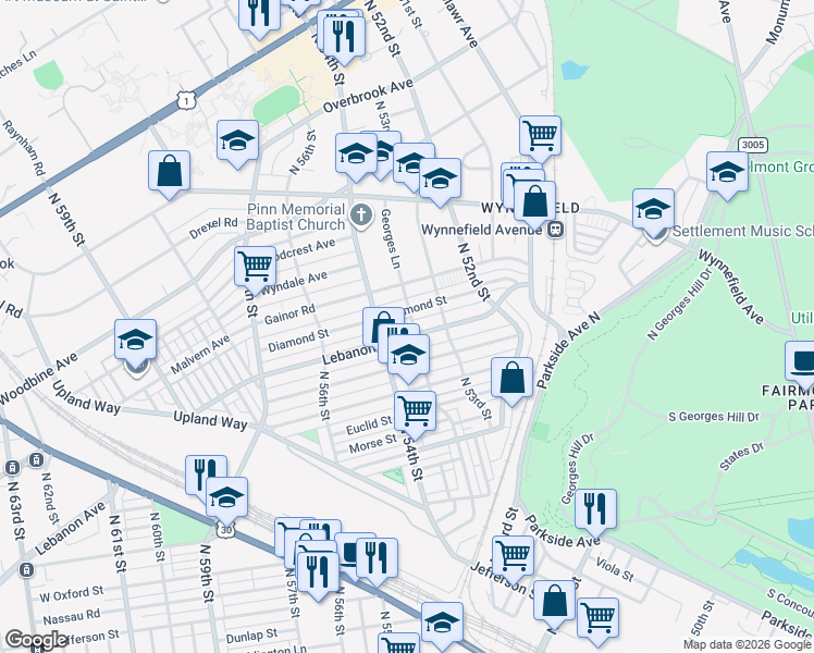 map of restaurants, bars, coffee shops, grocery stores, and more near 5322 Diamond Street in Philadelphia