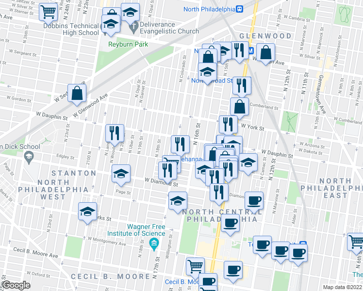map of restaurants, bars, coffee shops, grocery stores, and more near 2254 North Chadwick Street in Philadelphia