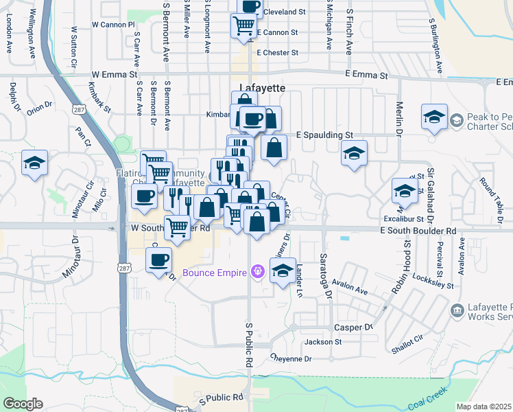 map of restaurants, bars, coffee shops, grocery stores, and more near 1100 South Public Road in Lafayette