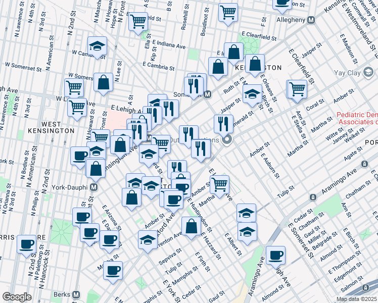 map of restaurants, bars, coffee shops, grocery stores, and more near 1944 East Lehigh Avenue in Philadelphia