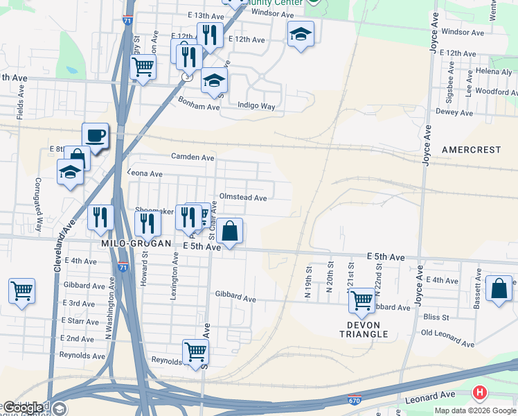 map of restaurants, bars, coffee shops, grocery stores, and more near 1056 Olmstead Avenue in Columbus