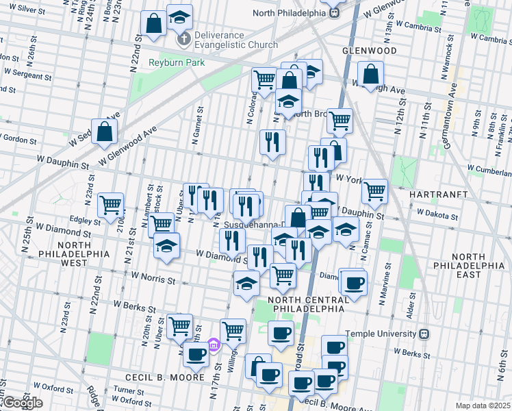 map of restaurants, bars, coffee shops, grocery stores, and more near 2257 North Chadwick Street in Philadelphia