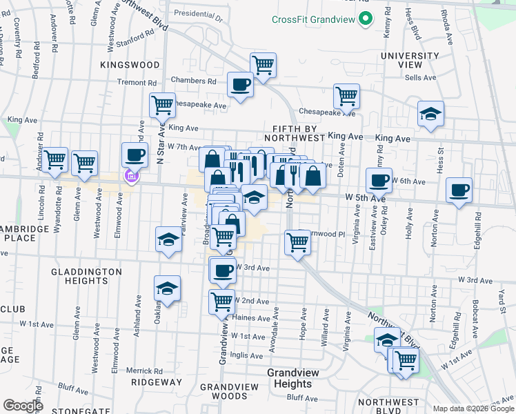 map of restaurants, bars, coffee shops, grocery stores, and more near 1349 West 5th Avenue in Columbus