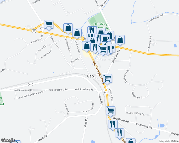 map of restaurants, bars, coffee shops, grocery stores, and more near 833 Pequea Avenue in Gap