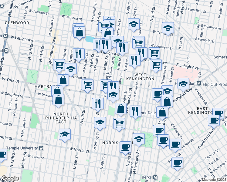 map of restaurants, bars, coffee shops, grocery stores, and more near 2453 North Leithgow Street in Philadelphia