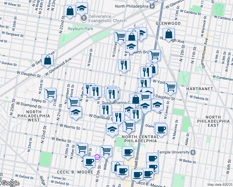 map of restaurants, bars, coffee shops, grocery stores, and more near 2257 North Chadwick Street in Philadelphia