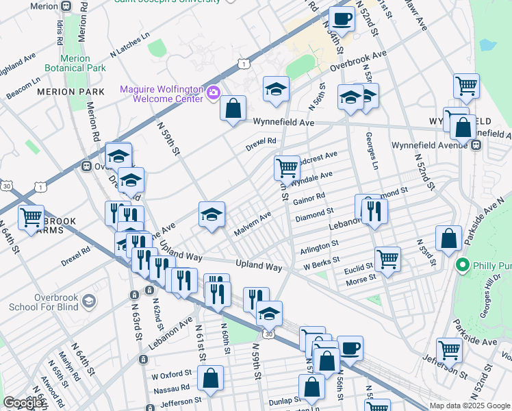map of restaurants, bars, coffee shops, grocery stores, and more near 2223 North Wanamaker Street in Philadelphia