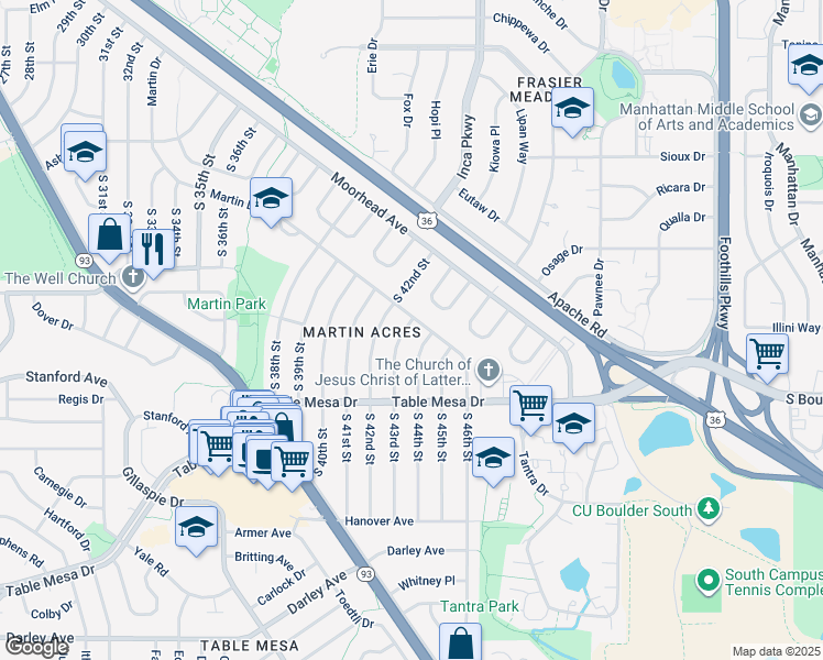 map of restaurants, bars, coffee shops, grocery stores, and more near 340 South 43rd Street in Boulder