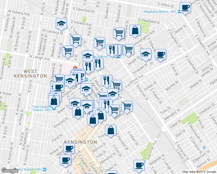 map of restaurants, bars, coffee shops, grocery stores, and more near 1940 East Lehigh Avenue in Philadelphia