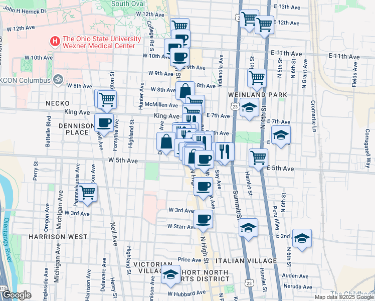map of restaurants, bars, coffee shops, grocery stores, and more near 1276 North High Street in Columbus