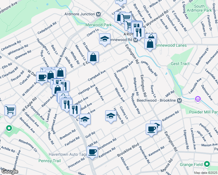 map of restaurants, bars, coffee shops, grocery stores, and more near 2101 Winton Avenue in Havertown