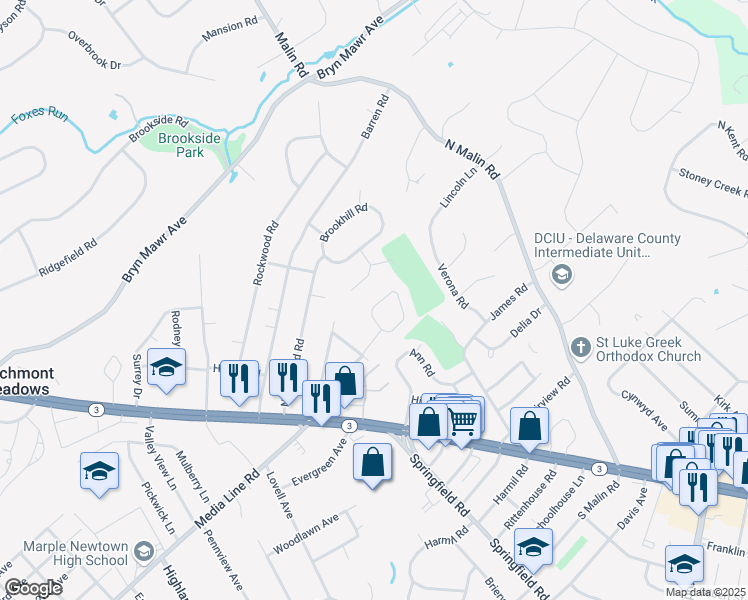 map of restaurants, bars, coffee shops, grocery stores, and more near 118 Newby Drive in Newtown Square
