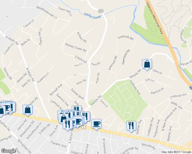 map of restaurants, bars, coffee shops, grocery stores, and more near 210 Arden Road in Broomall