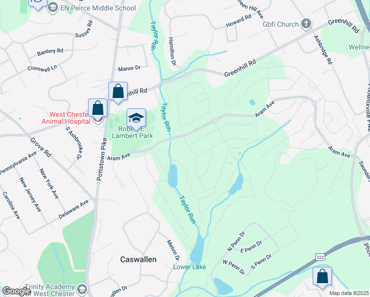 map of restaurants, bars, coffee shops, grocery stores, and more near 404 Armstrong Drive in West Chester
