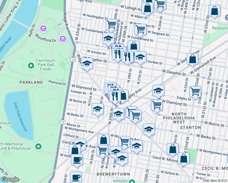 map of restaurants, bars, coffee shops, grocery stores, and more near 2909 West Diamond street in Philadelphia