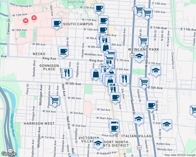 map of restaurants, bars, coffee shops, grocery stores, and more near 46 Smith Place in Columbus