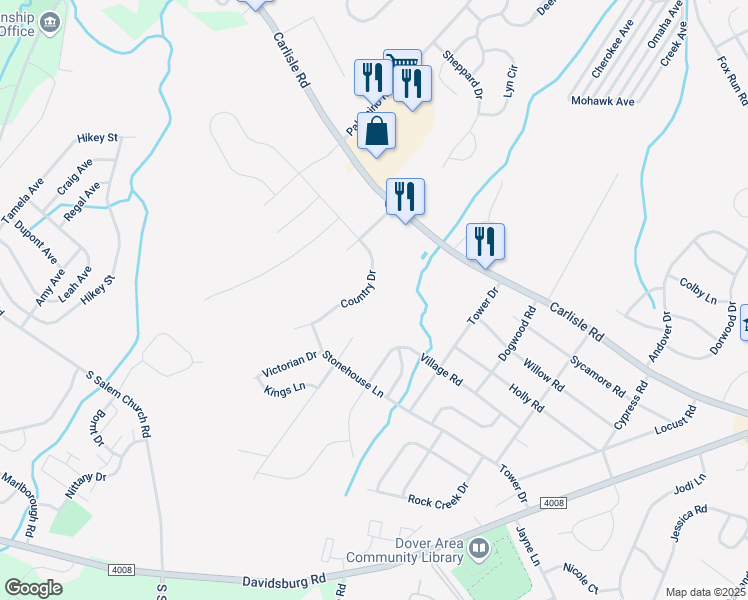 map of restaurants, bars, coffee shops, grocery stores, and more near 3847 Country Drive in Dover