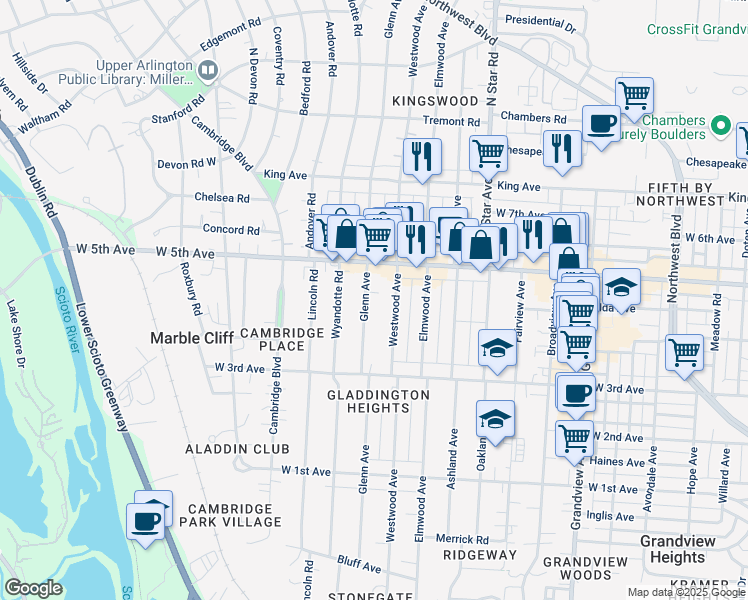 map of restaurants, bars, coffee shops, grocery stores, and more near 1548 Glenn Avenue in Columbus