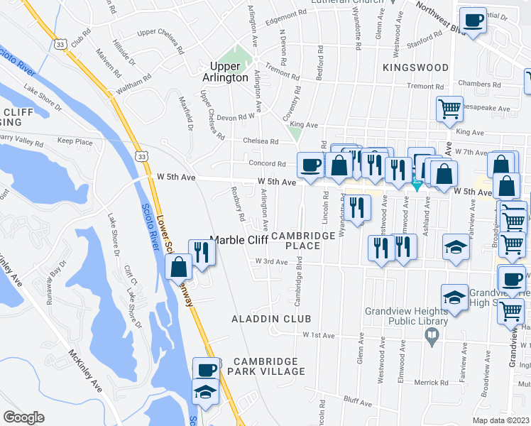 map of restaurants, bars, coffee shops, grocery stores, and more near 1568 Arlington Avenue in Columbus