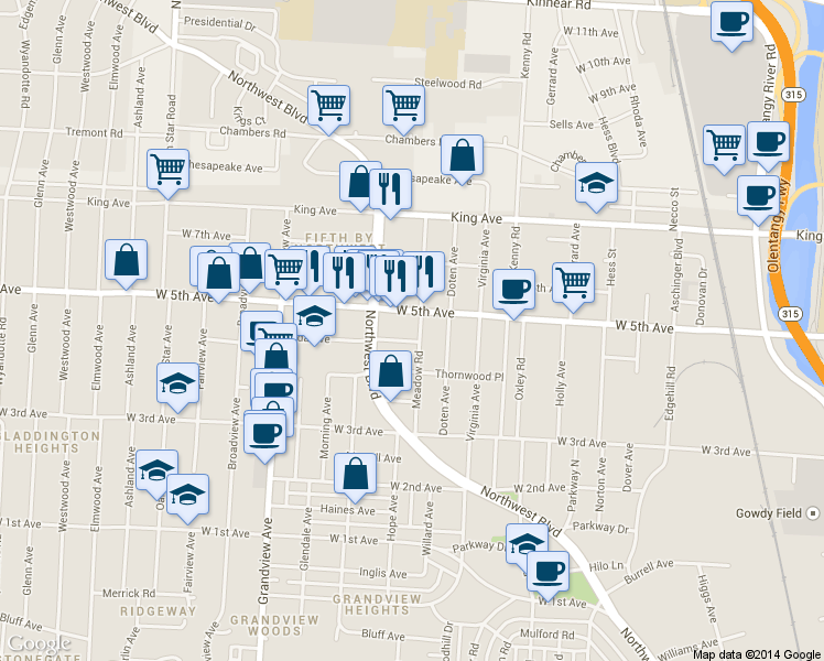 map of restaurants, bars, coffee shops, grocery stores, and more near 1257 West 5th Avenue in Columbus