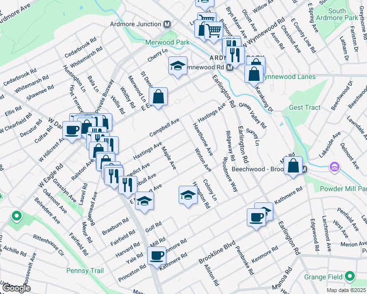 map of restaurants, bars, coffee shops, grocery stores, and more near 233 East Benedict Avenue in Havertown