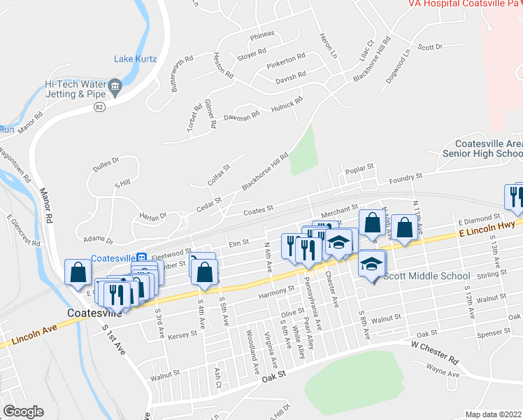 map of restaurants, bars, coffee shops, grocery stores, and more near 594 Coates Street in Coatesville