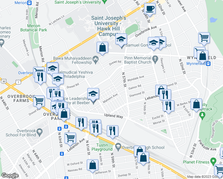 map of restaurants, bars, coffee shops, grocery stores, and more near 2227 North Wanamaker Street in Philadelphia