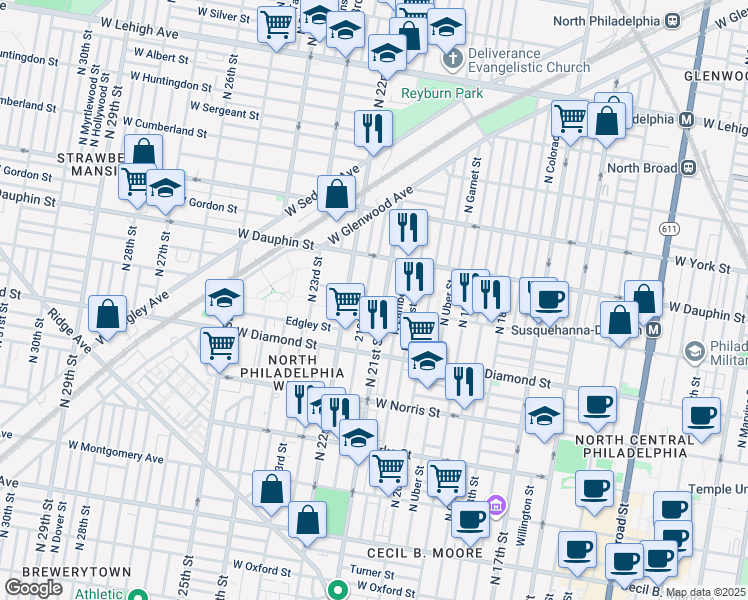 map of restaurants, bars, coffee shops, grocery stores, and more near 2229 North Van Pelt Street in Philadelphia