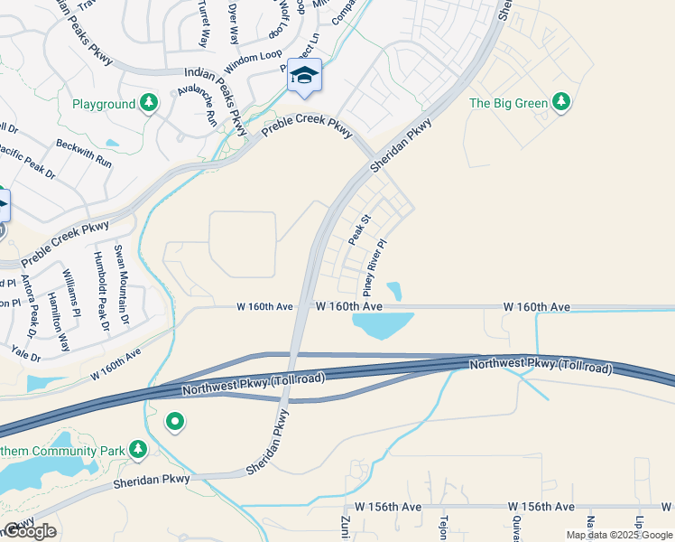 map of restaurants, bars, coffee shops, grocery stores, and more near 16305 Sheridan Pkwy in Broomfield