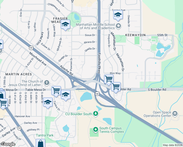 map of restaurants, bars, coffee shops, grocery stores, and more near 4940 Thunderbird Circle in Boulder