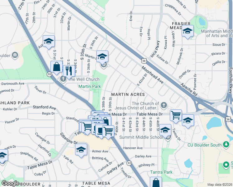 map of restaurants, bars, coffee shops, grocery stores, and more near 310 South 39th Street in Boulder