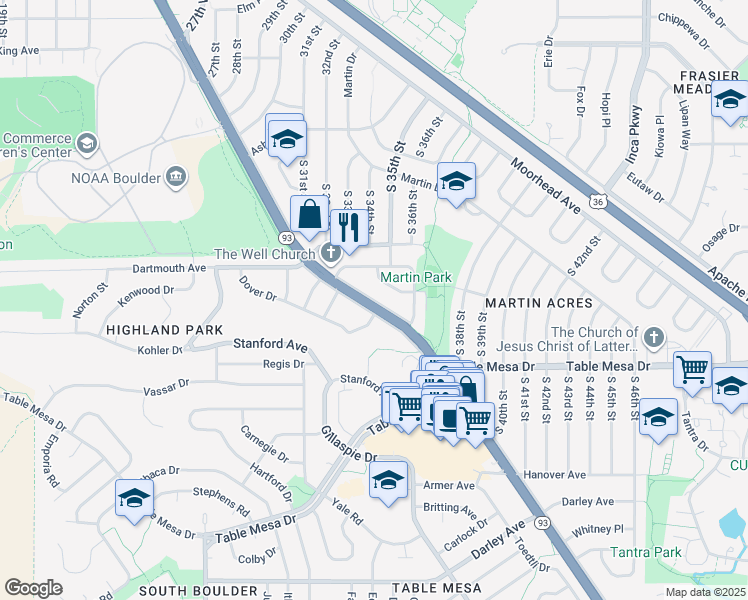 map of restaurants, bars, coffee shops, grocery stores, and more near 424 South Lashley Lane in Boulder