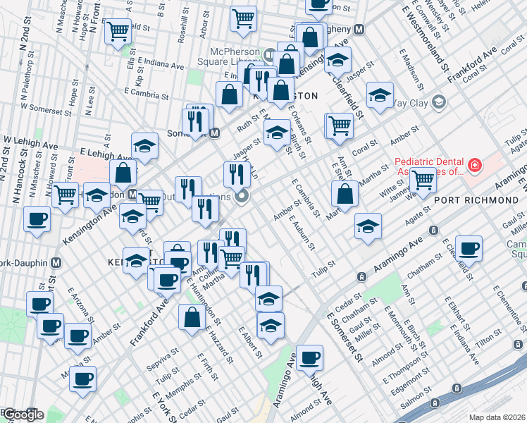 map of restaurants, bars, coffee shops, grocery stores, and more near 2026 East Somerset Street in Philadelphia
