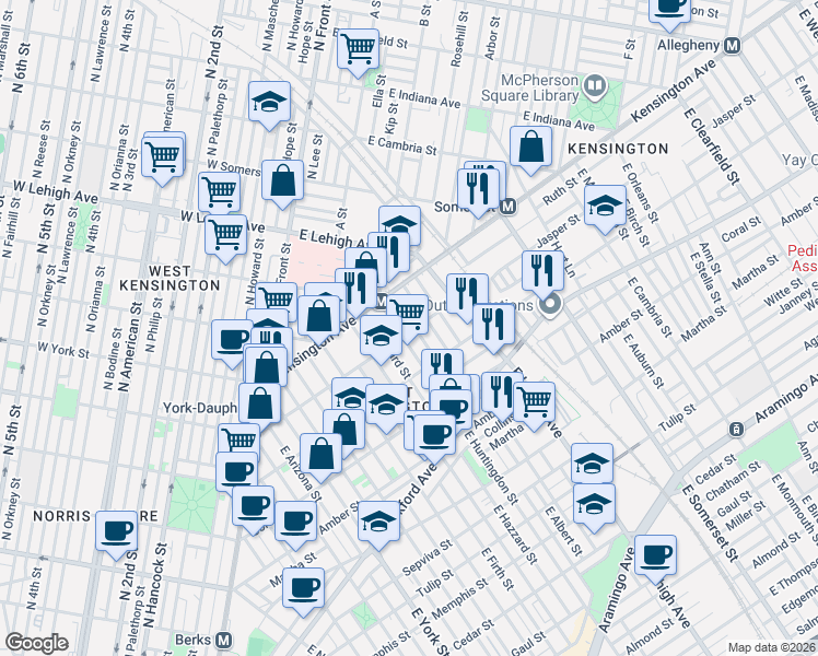 map of restaurants, bars, coffee shops, grocery stores, and more near 1836 East Albert Street in Philadelphia
