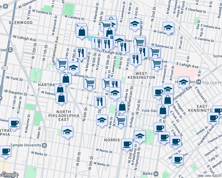 map of restaurants, bars, coffee shops, grocery stores, and more near 2421 North Lawrence Street in Philadelphia
