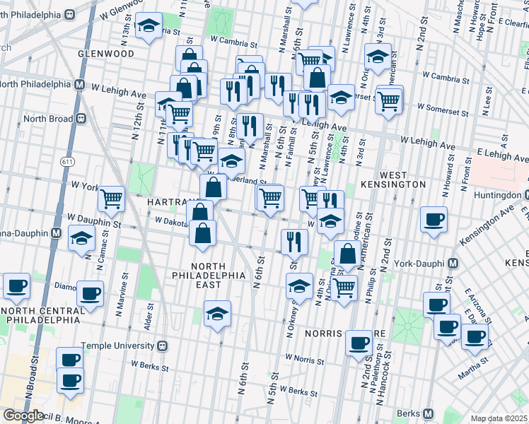 map of restaurants, bars, coffee shops, grocery stores, and more near 2422 North Marshall Street in Philadelphia